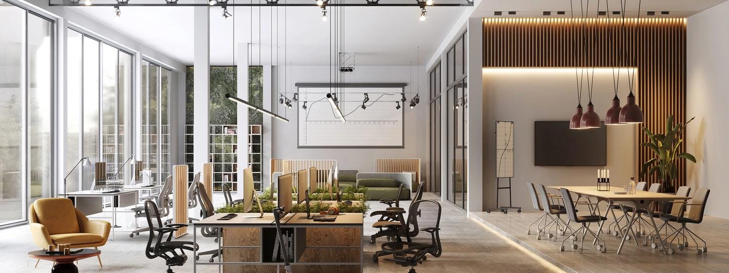 Åbent kontorlandskab med moderne kontormøbler